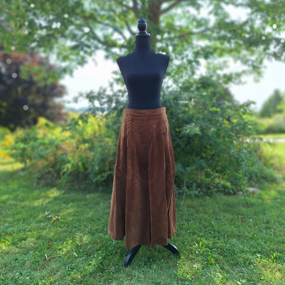 (10) Vintage Suede Leather Pleated Maxi Skirt, The Olde Hide House